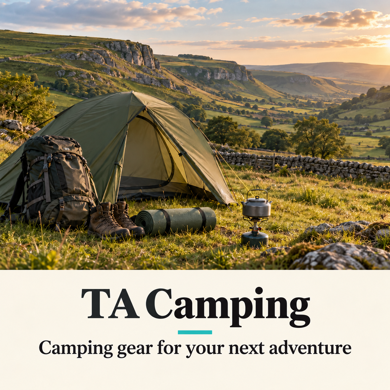 TA Camping — tent and camping equipment in a countryside scene