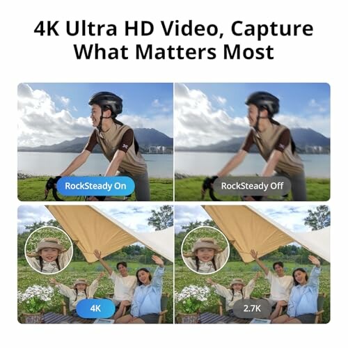 Comparison of video quality with RockSteady on and off, showing 4K and 2.7K resolution options.