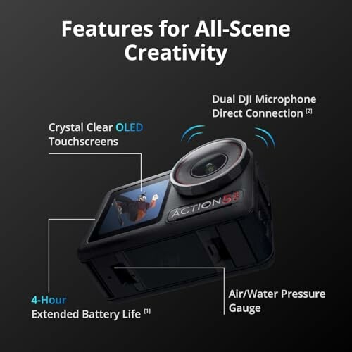 Action camera highlighting features like OLED touchscreens, DJI microphone connection, extended battery life, and pressure gauge.