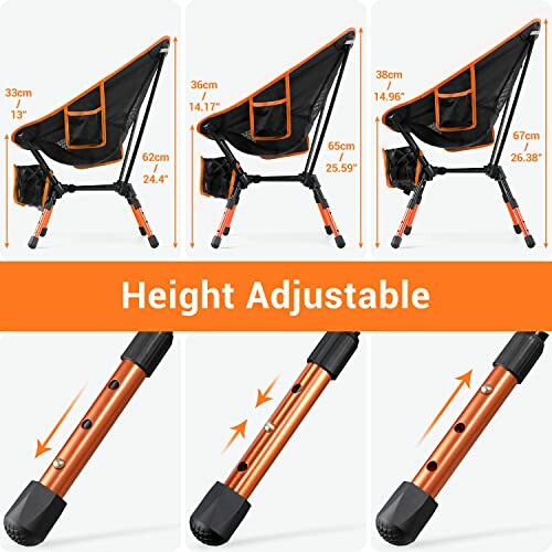 Height adjustable camping chair with measurements and adjustment features.