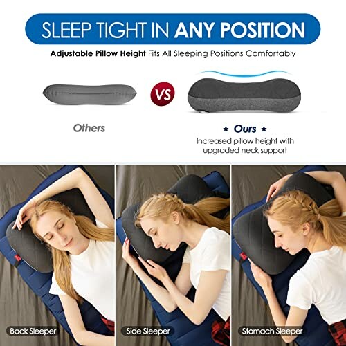 Woman demonstrating adjustable pillow for different sleeping positions: back, side, and stomach.