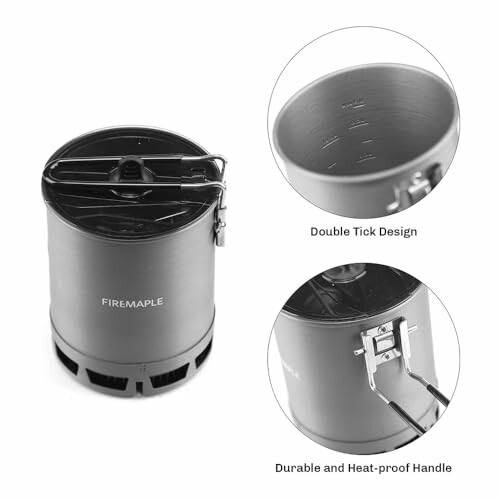 Camping pot with double tick design and heat-proof handle.