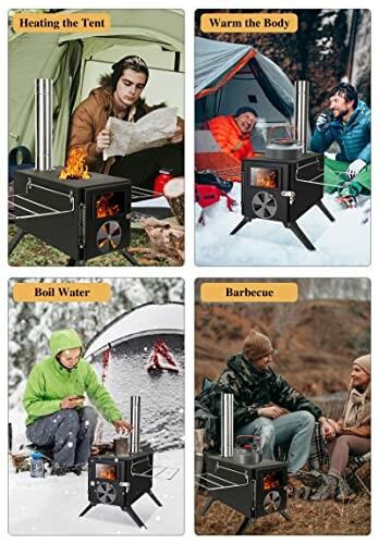 Collage showing a camping stove used for heating, warming, boiling water, and barbecuing while camping.