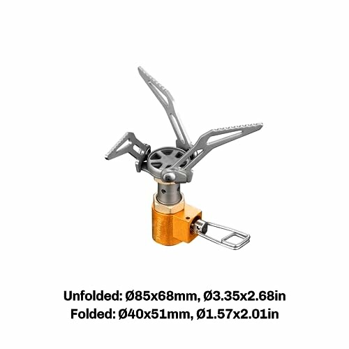 Compact camping stove with unfolded and folded dimensions.