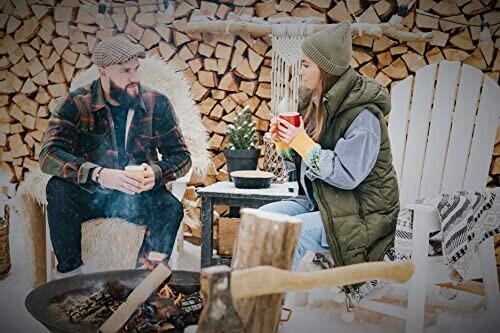 Two people sitting by a campfire with wood stacked in the background.