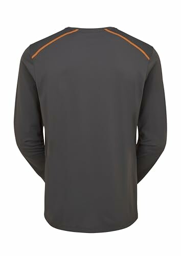 Back view of a dark gray long sleeve shirt with orange accents.