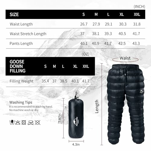 Size guide for down-filled pants with waist and length measurements.