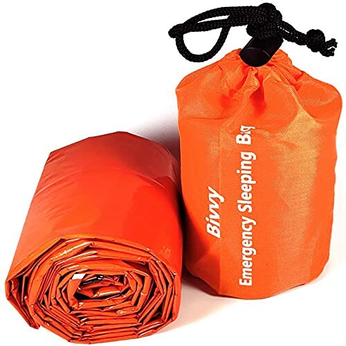 Orange emergency sleeping bag and carrying pouch