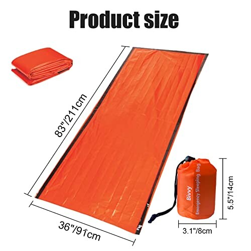 Orange emergency sleeping bag with dimensions