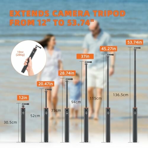 Extendable camera tripod ranging from 12 inches to 53.74 inches.