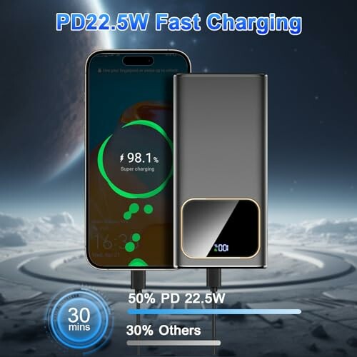 PD 22.5W fast charging power bank with smartphone.