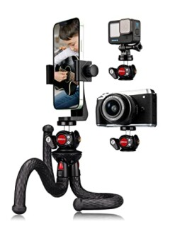 Flexible tripod holding smartphone, action camera, and digital camera