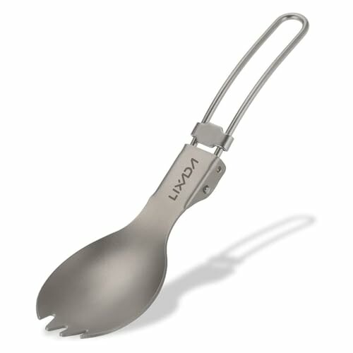 Collapsible titanium spork with a folding handle.