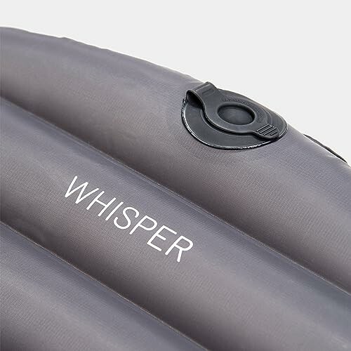 Gray inflatable mattress with valve and 'Whisper' text.