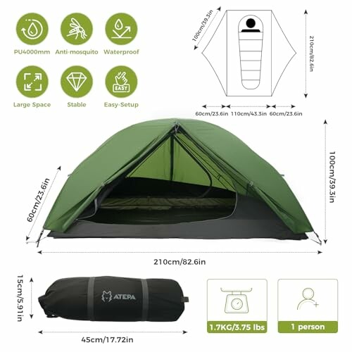 Green camping tent with dimensions and features