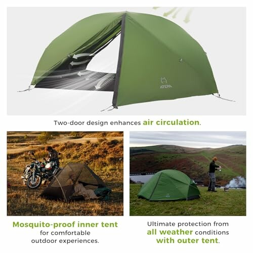 Green tent showcasing two-door design and mosquito-proof inner tent.