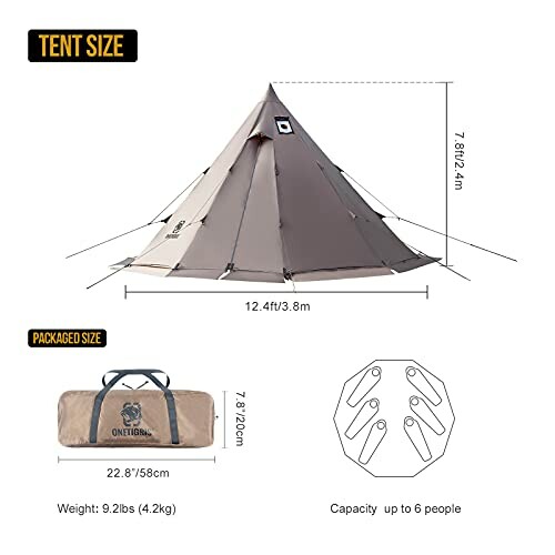 Diagram showing the dimensions and packaging of a large teepee-style camping tent with a capacity of up to 6 people.