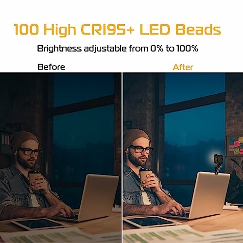 Comparison of LED lighting before and after with a person using a laptop.