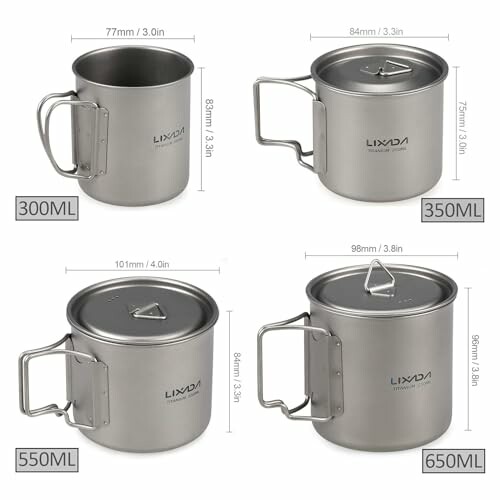 Set of Lixada titanium camping mugs with measurements