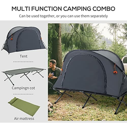 Multi-function camping combo with tent, camping cot, and air mattress in a forest setting.