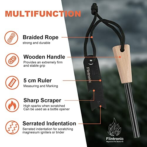 Multifunction fire starter tool with braided rope, wooden handle, 5 cm ruler, sharp scraper, and serrated indentation.