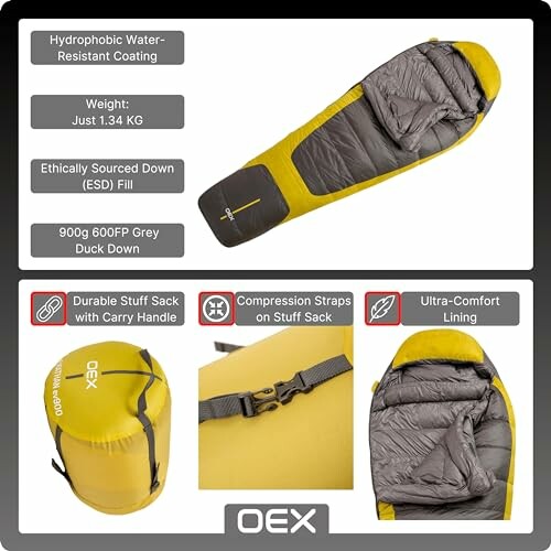 OEX sleeping bag with hydrophobic coating, ethically sourced down, and ultra-comfort lining