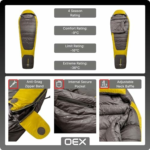 OEX four-season sleeping bag with anti-snag zipper, secure pocket, adjustable neck baffle, and temperature ratings