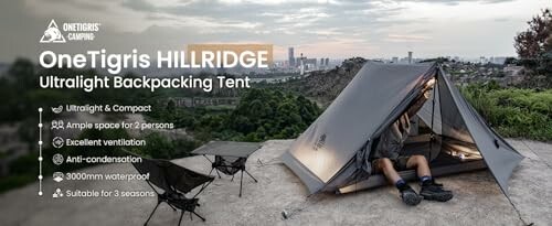 OneTigris Hillridge ultralight backpacking tent setup with person inside, overlooking a scenic view.