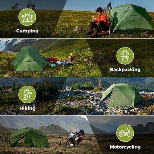 Four scenes of outdoor activities: camping, backpacking, hiking, and motorcycling with tents.