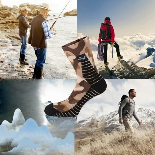 Collage of outdoor activities with a focus on camo socks.