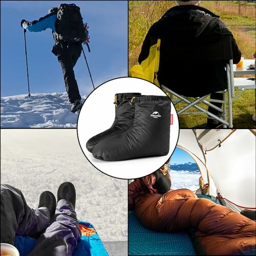 Collage of camping and hiking scenes with insulated boots.