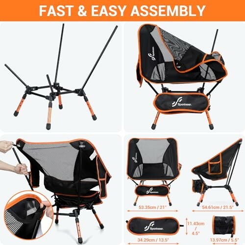 Collapsible camping chair with fast and easy assembly, featuring measurements and storage bag.