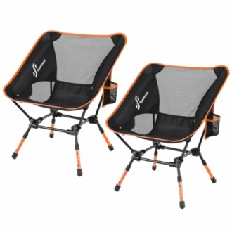 Two portable camping chairs with mesh back and orange trim.