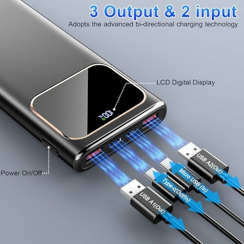 Power bank with LCD display and multiple USB connections.