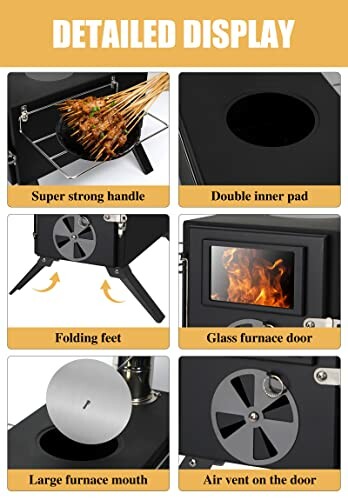 Detailed display of a portable stove with features like super strong handle, double inner pad, folding feet, glass furnace door, large furnace mouth, and air vent on the door.