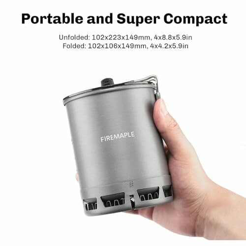 Hand holding a compact portable camping stove with dimensions.