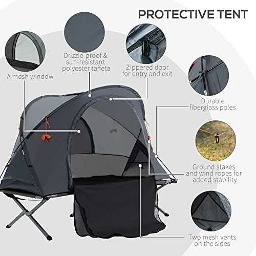 Protective tent with mesh window, zippered door, fiberglass poles, ground stakes, and mesh vents.