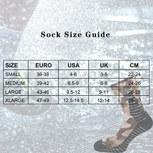 Sock size guide with size conversions for Euro, USA, UK, and CM.