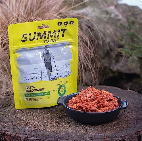 Summit to Eat Pasta Bolognaise with package and serving dish outdoors