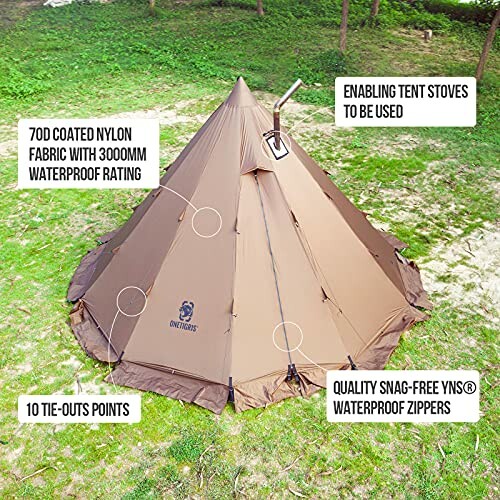 Brown teepee tent with waterproof features and stove compatibility.