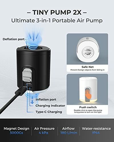 Tiny Pump 2X, ultimate 3-in-1 portable air pump with deflation, inflation ports, and charging indicator.