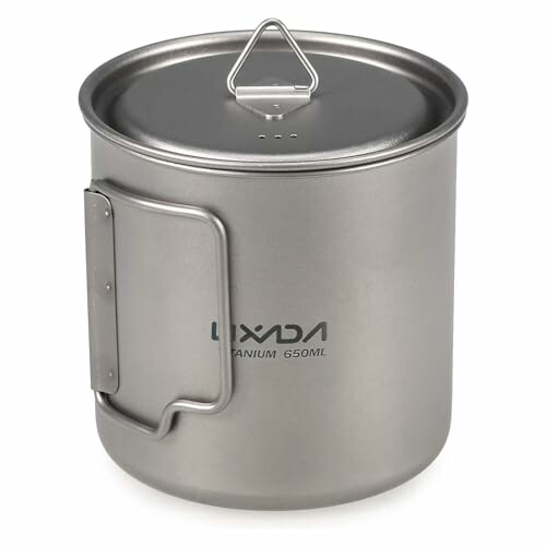 Titanium camping mug with lid, 650ml capacity.