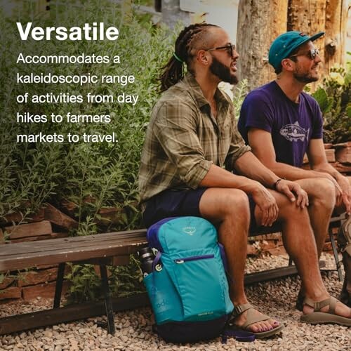 Two men sitting outdoors with a versatile backpack, suitable for various activities.