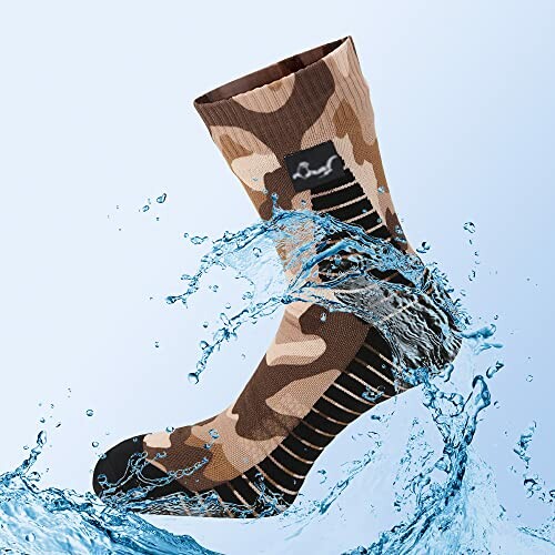 Camouflage sock splashed with water on a light blue background.