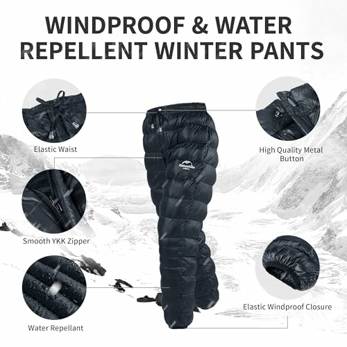 Black windproof and water-repellent winter pants with features highlighted.