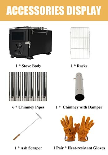 Wood stove accessories including stove body, racks, chimney pipes, chimney with damper, ash scraper, and heat-resistant gloves.