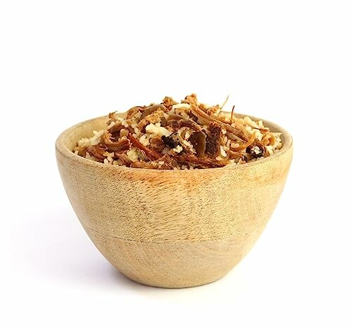 Wooden bowl filled with rice and shredded meat.